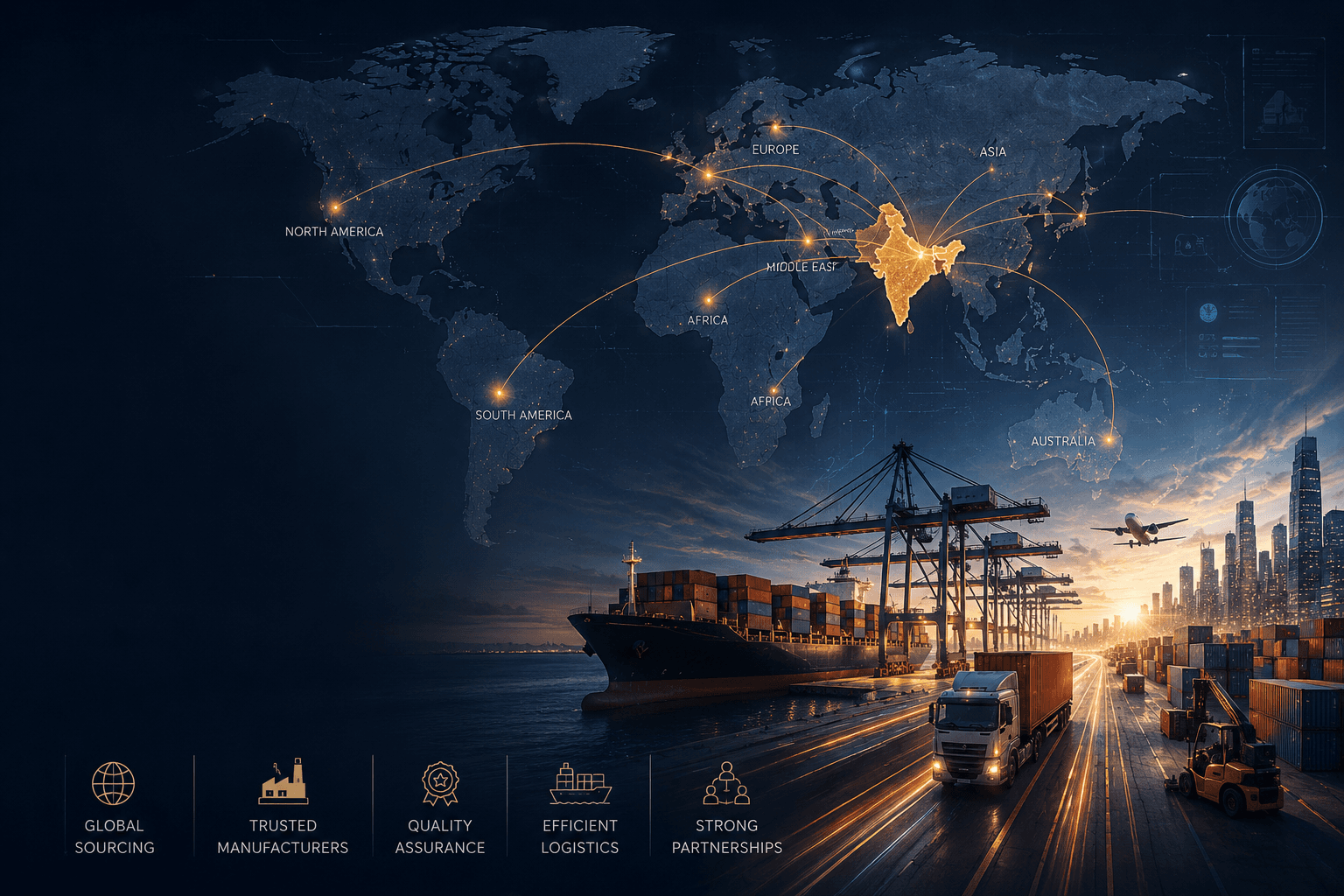 World map showing global shipping routes connecting India to North America, Europe, the Middle East, Africa, Asia and Australia, with a container port and cargo ship in the foreground.